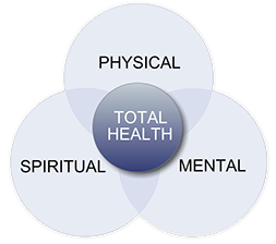 This is a diagram of how total health is the combination of Physical + Spiritual + Mental  Wellness